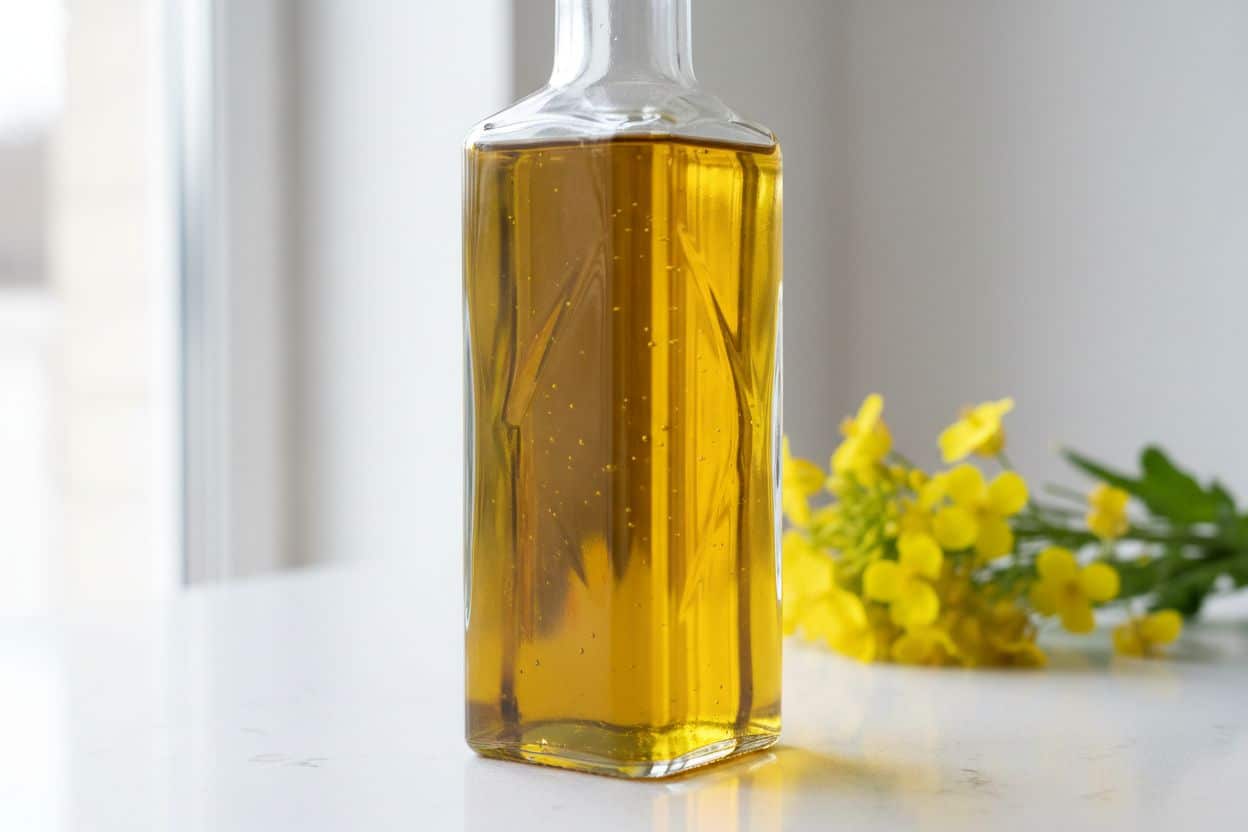 Bouteilles d'huile de colza et d'huile d'olive illustrant le choix des graisses pour le cœur.