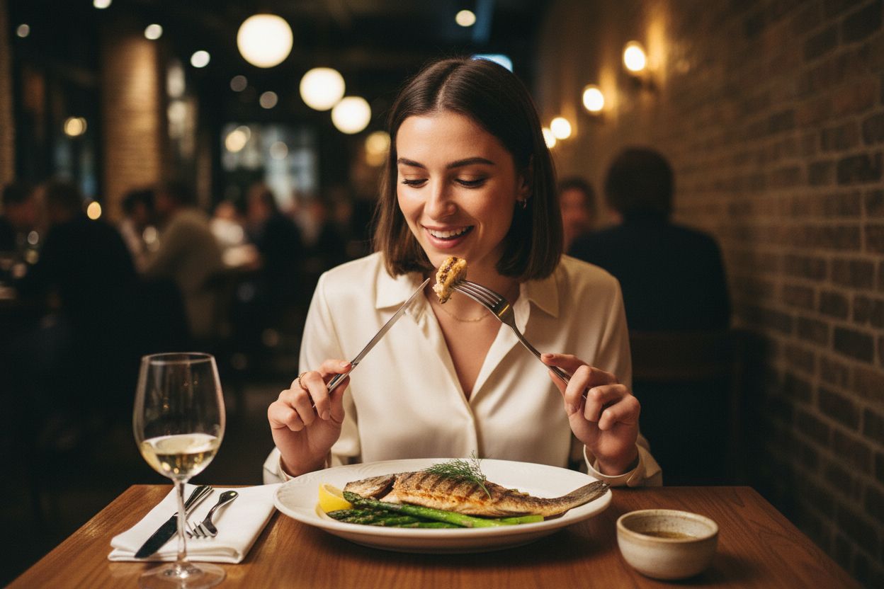 Amis partageant un repas sain au restaurant tout en respectant les principes de la méthode Montignac.