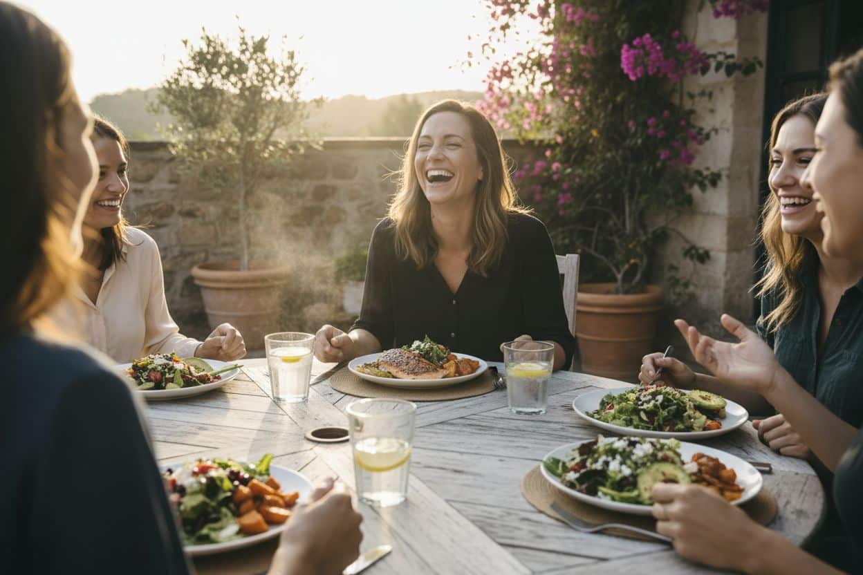 Une femme souriante dégustant une salade fraîche, illustrant une relation saine et équilibrée avec la nourriture, au-delà des restrictions.
