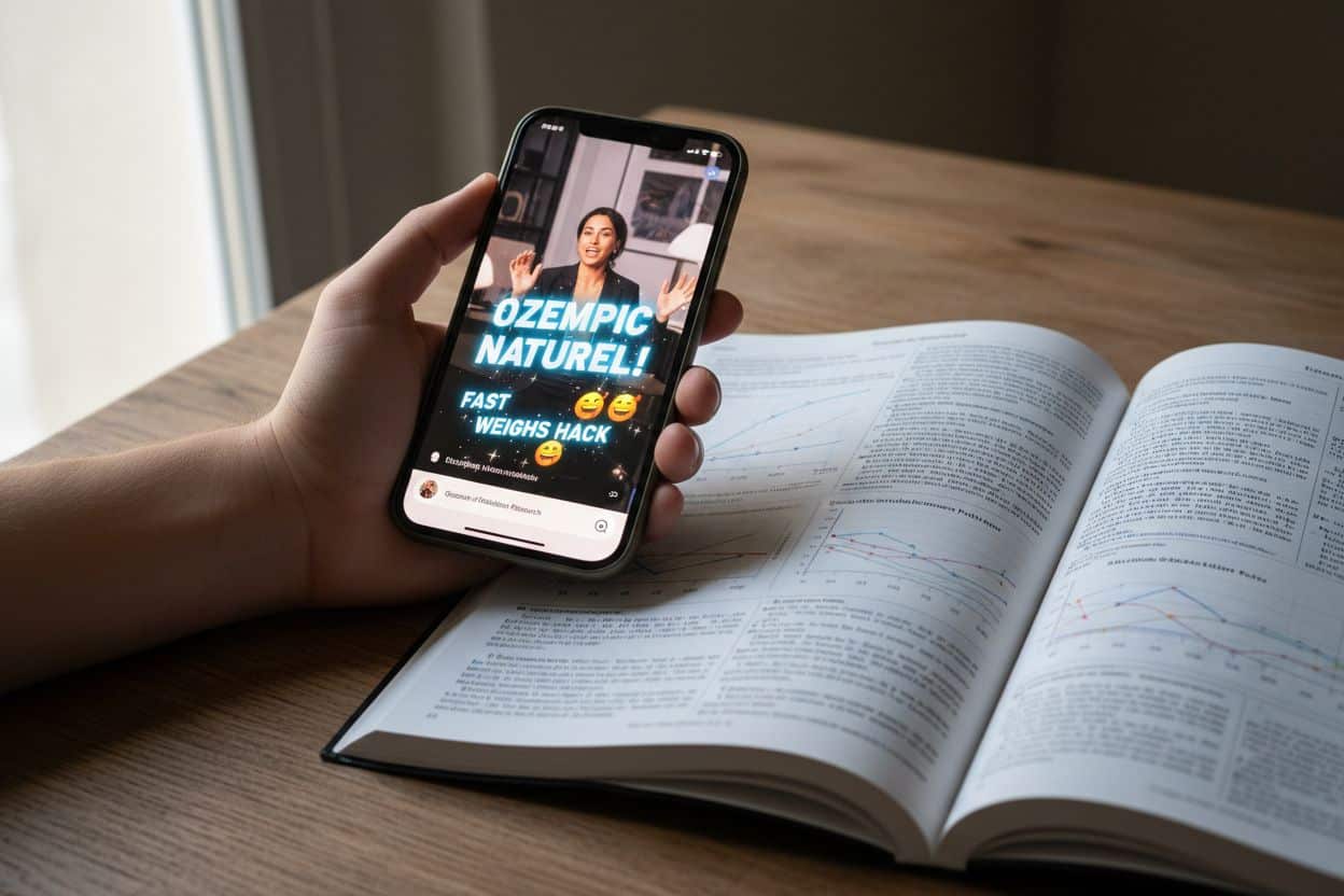 Une plante de berbérine sur un smartphone affichant une application de médias sociaux, symbolisant le buzz autour de la berbérine comme 'Ozempic naturel' pour la perte de poids.