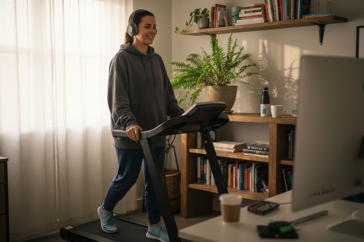 Une personne concentrée et motivée utilisant un tapis de marche sous bureau, prenant une pause pour s'étirer doucement.