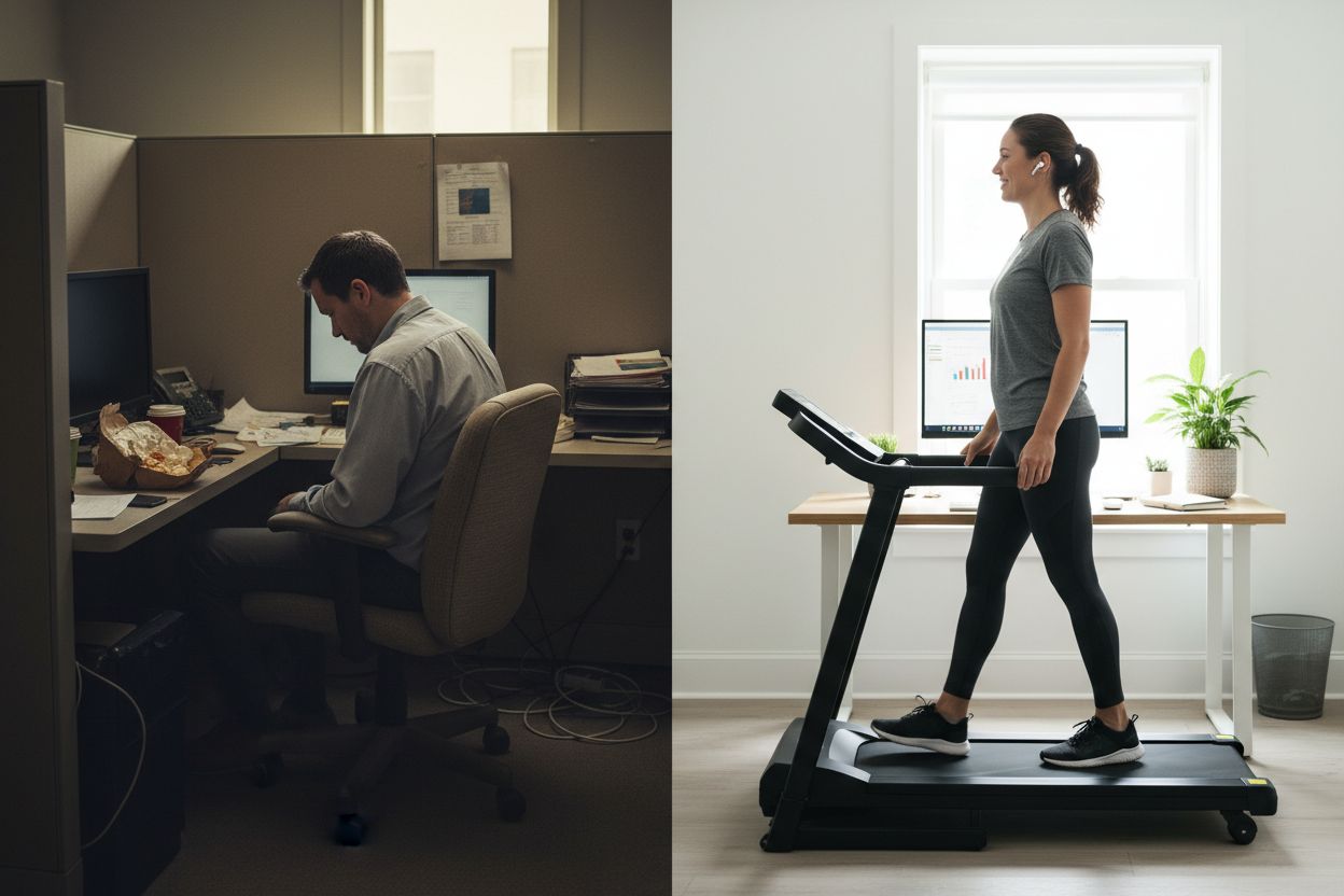 Une personne souriante marchant sur un tapis de marche sous bureau, un ordinateur portable ouvert sur un bureau réglable en hauteur.