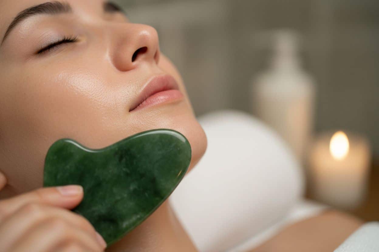 Massage du visage avec une pierre Gua Sha pour stimuler le drainage lymphatique et réduire la rétention d'eau.