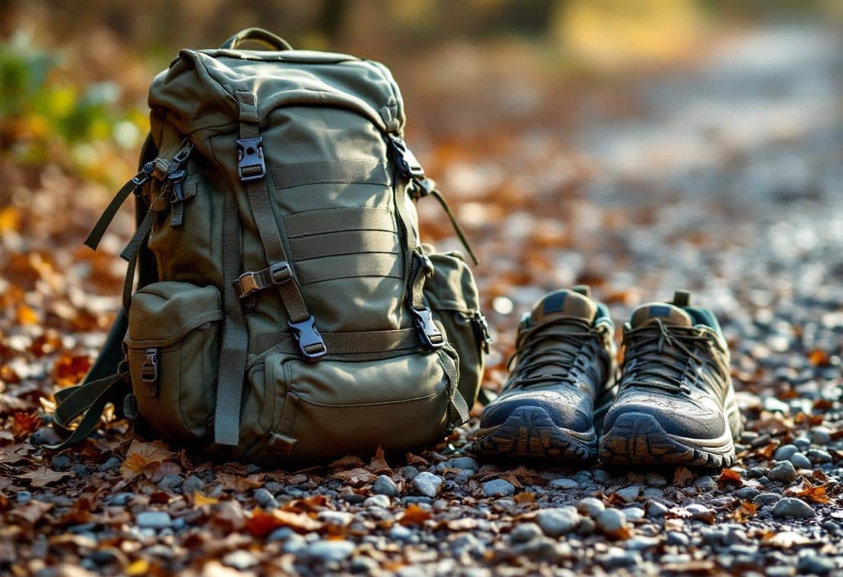 Un participant à une marche lestée porte un sac à dos lesté ergonomique avec des plaques de poids et des chaussures de randonnée adaptées.