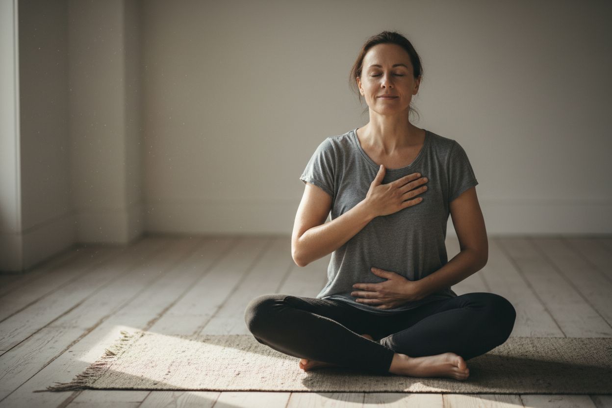 Femme pratiquant un exercice somatique doux sur un tapis de yoga, améliorant la conscience corporelle pour la perte de poids.