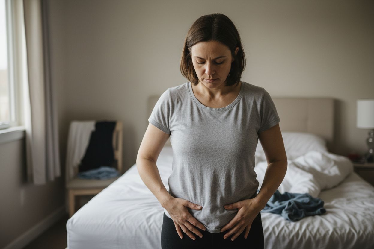 Femme en silhouette montrant un ventre de cortisol, symbolisant la graisse abdominale liée au stress chronique et aux déséquilibres hormonaux.