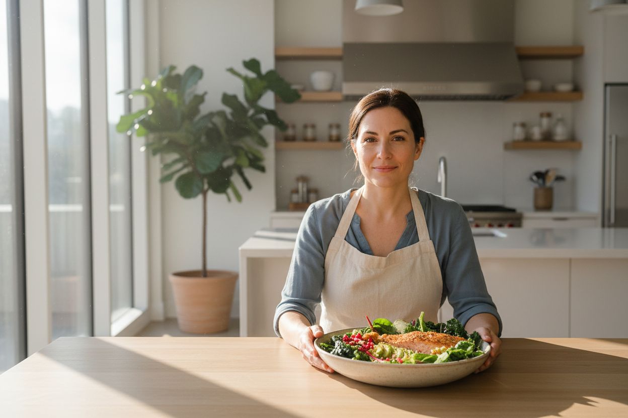 Assiette équilibrée riche en Oméga-3 et légumes pour un régime anti inflammatoire perte de poids efficace.
