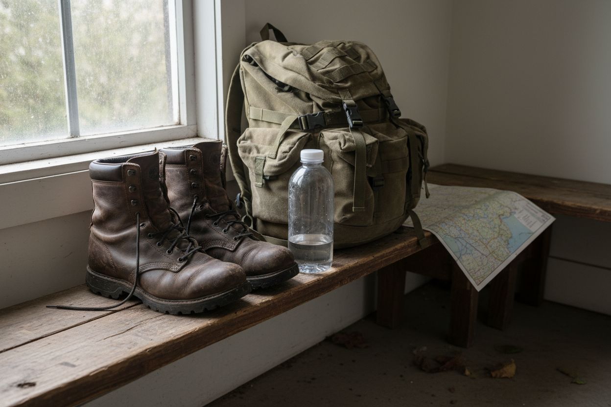 Vue rapprochée d'un sac à dos lesté et de chaussures de marche confortables sur un sentier, éléments clés pour débuter le rucking en toute sécurité.