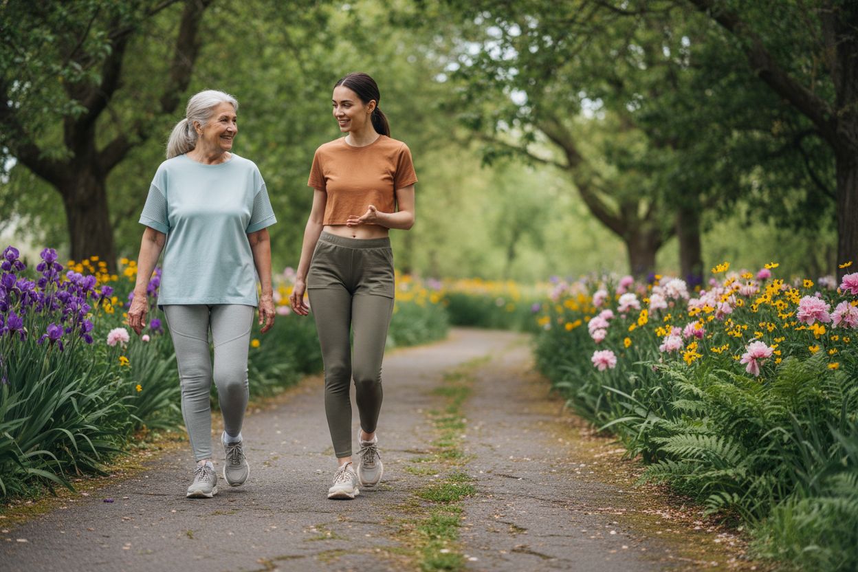 Une personne âgée souriante marchant activement dans un parc ensoleillé, incarnant la vitalité et la simplicité de la marche japonaise et de l'Interval Walking.
