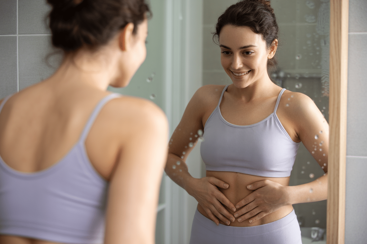 Une silhouette féminine mince et souriante, symbolisant les bénéfices d'une vie moins sucrée et la perte de poids associée à une meilleure santé.