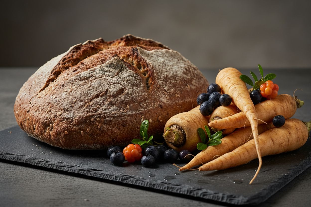 Aliments essentiels du New Nordic Diet incluant du seigle, de l'orge et des baies contenant des anthocyanes.