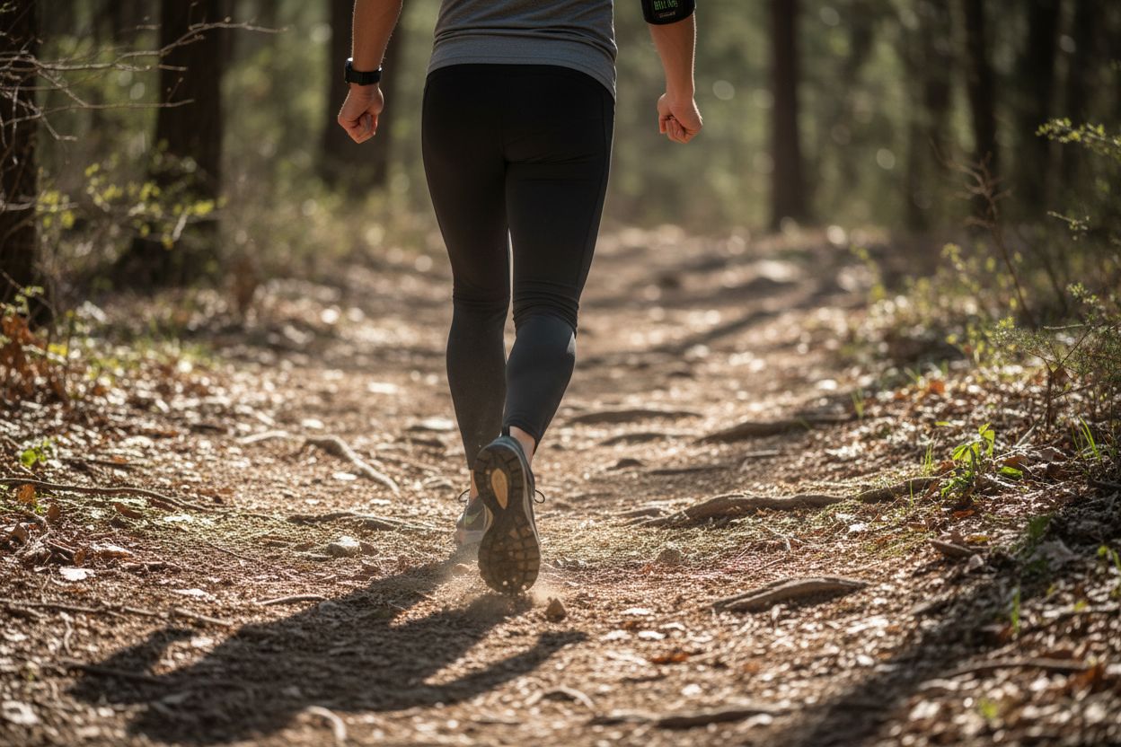 Gros plan sur les pieds d'une personne en baskets, utilisant une application de minuteur sur son smartphone pour chronométrer les phases de marche rapide et lente de l'Interval Walking.