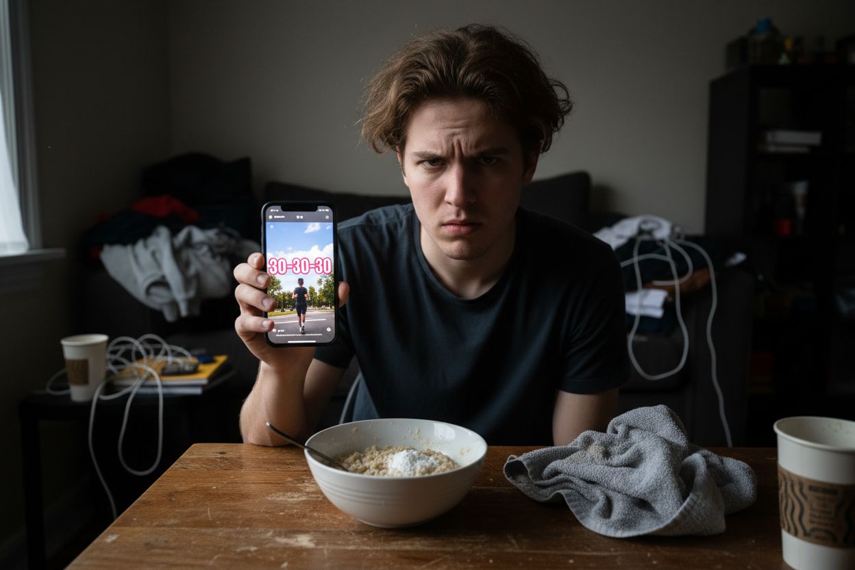 Une personne perplexe lisant des informations sur la Méthode 30-30-30, avec des icônes de balances et de réseaux sociaux, symbolisant le débat entre mythe et réalité pour la perte de poids rapide.