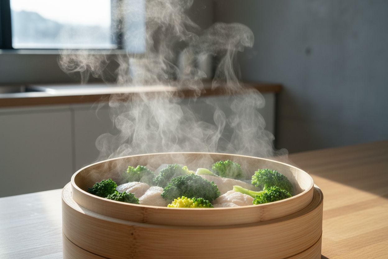 Cuisson douce à la vapeur pour éviter la formation d'AGEs et limiter le stress oxydatif cellulaire.