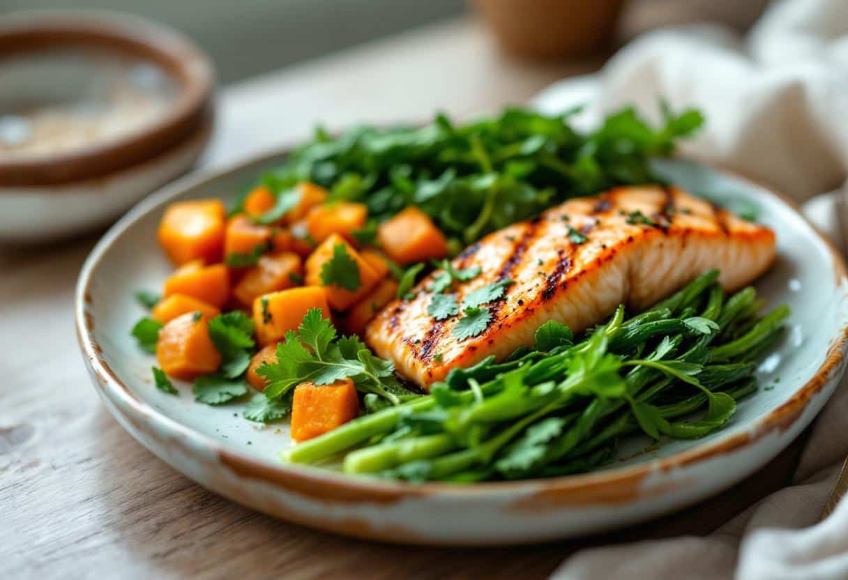 Assiette équilibrée avec des protéines maigres, des glucides complexes et des lipides sains, soulignant l'optimisation des macronutriments.