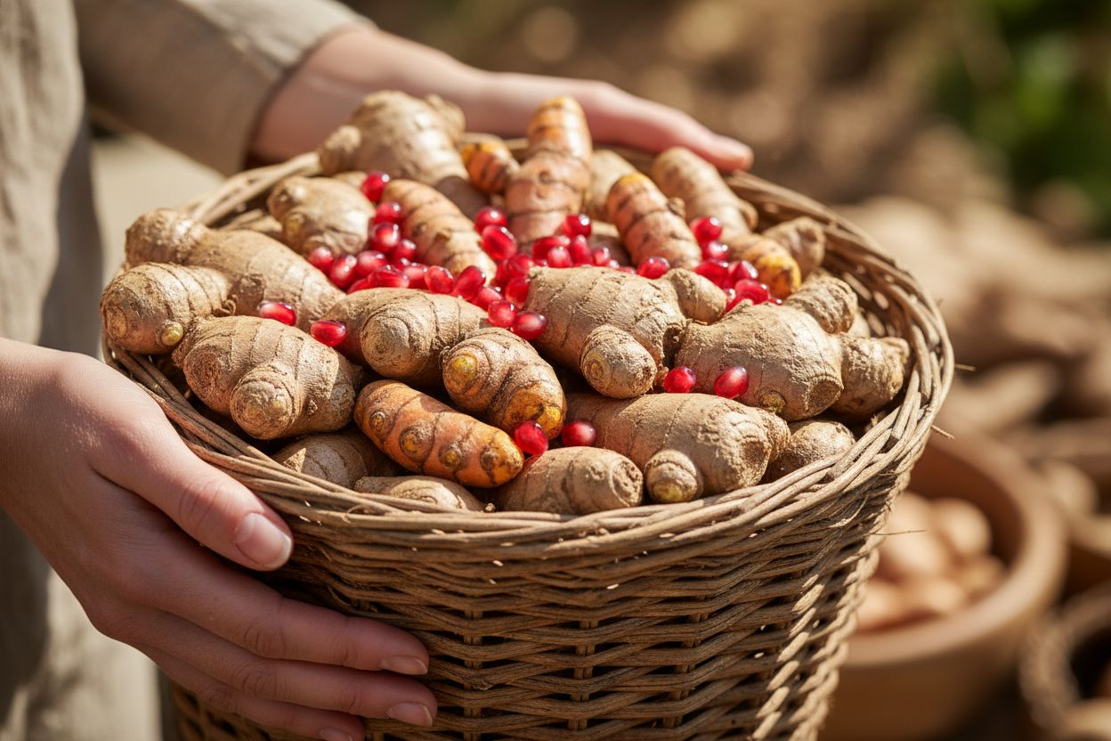 Panier de courses rempli d'aliments anti-inflammatoires comme le curcuma, le gingembre et des légumes frais.