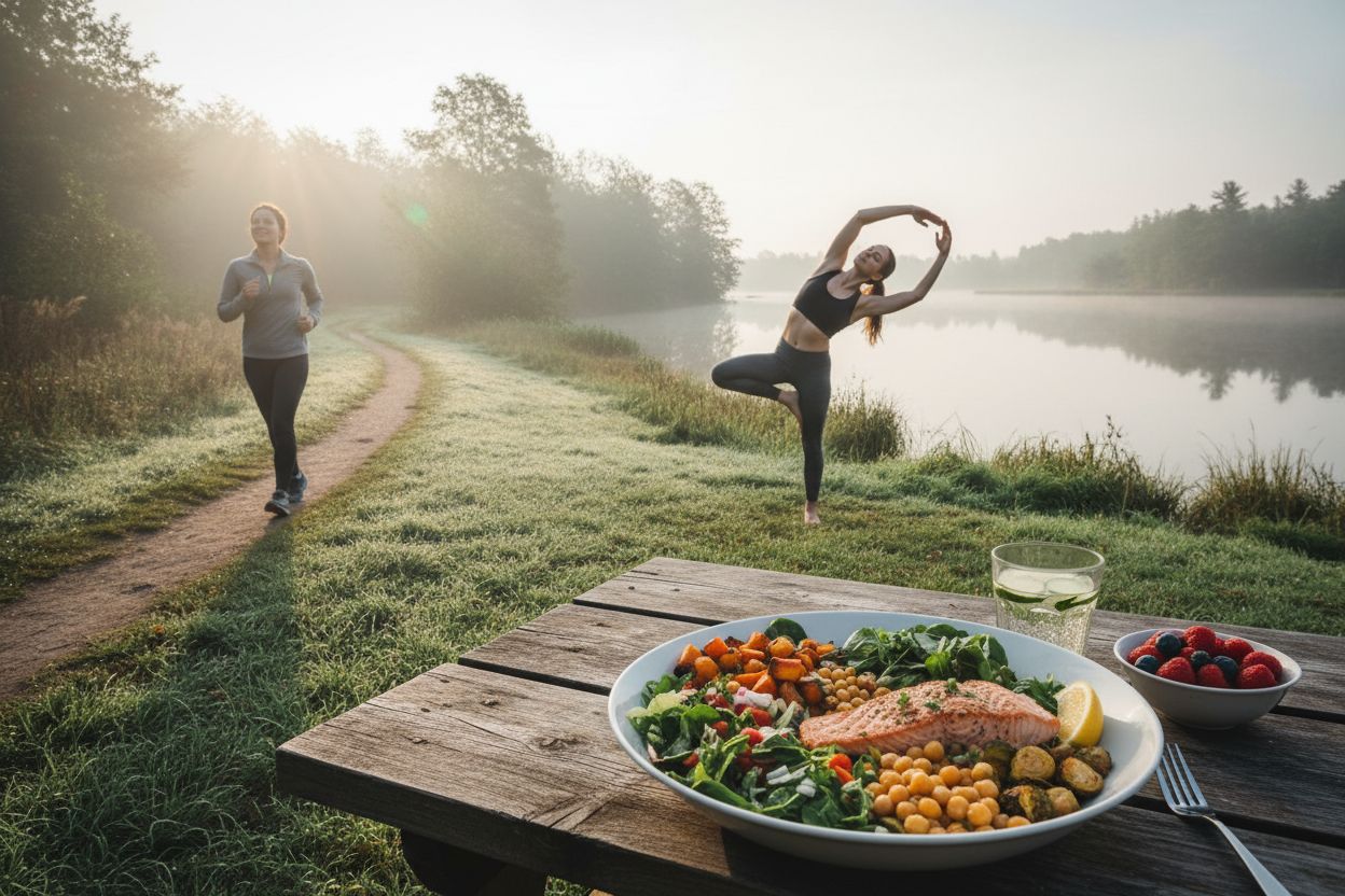 Une variété d'aliments sains et colorés (fruits, légumes, céréales complètes) avec des poids et des baskets, symbolisant une approche durable et saine de la perte de poids.