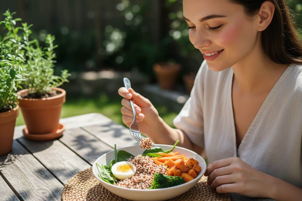 Repas de transition sain pour prévenir l'effet yoyo après une phase de régime œuf intensive.