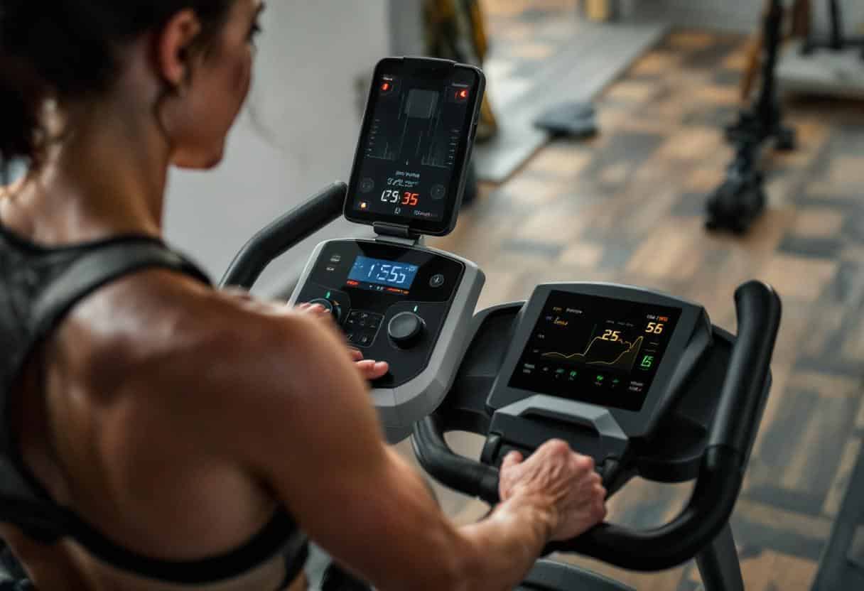 Une personne s'entraîne sur un tapis de marche, affichant une montre connectée pour suivre la fréquence cardiaque et les calories brûlées durant un entraînement.