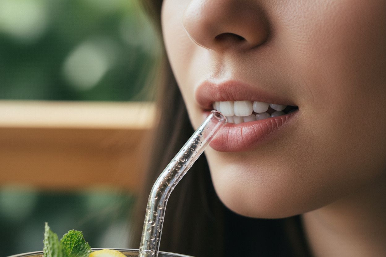 Verre d'eau citronnée avec une paille pour protéger l'émail dentaire contre l'acidité.
