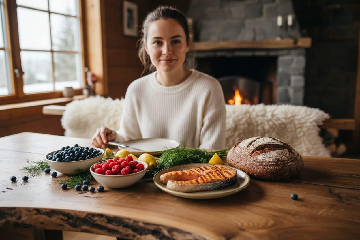 Assiette équilibrée du régime nordique avec saumon, légumes racines et baies sauvages riches en antioxydants.