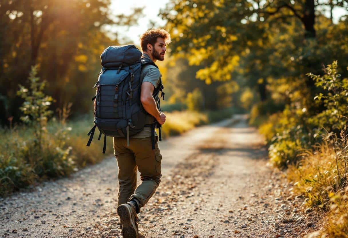 Une personne commence une séance de marche lestée avec un sac à dos, illustrant un programme progressif pour développer l'endurance de force.