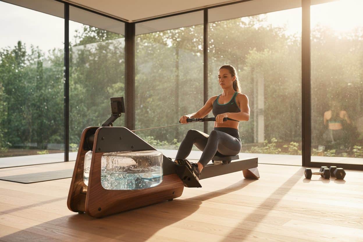 Femme pratiquant un programme rameur perte de poids intense pour brûler des graisses en salle.