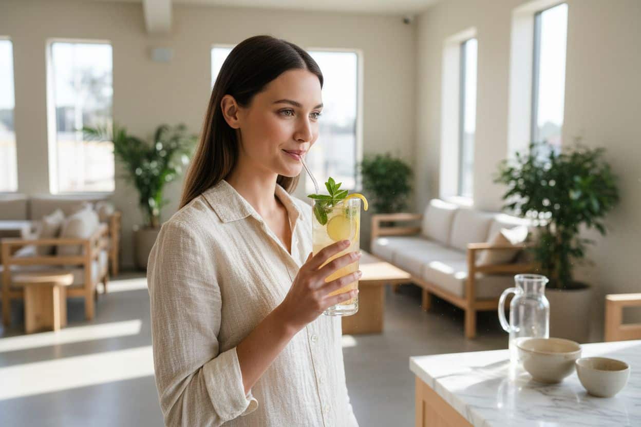 Verres de mocktails sains à base de vinaigre de cidre, de gingembre et de probiotiques.