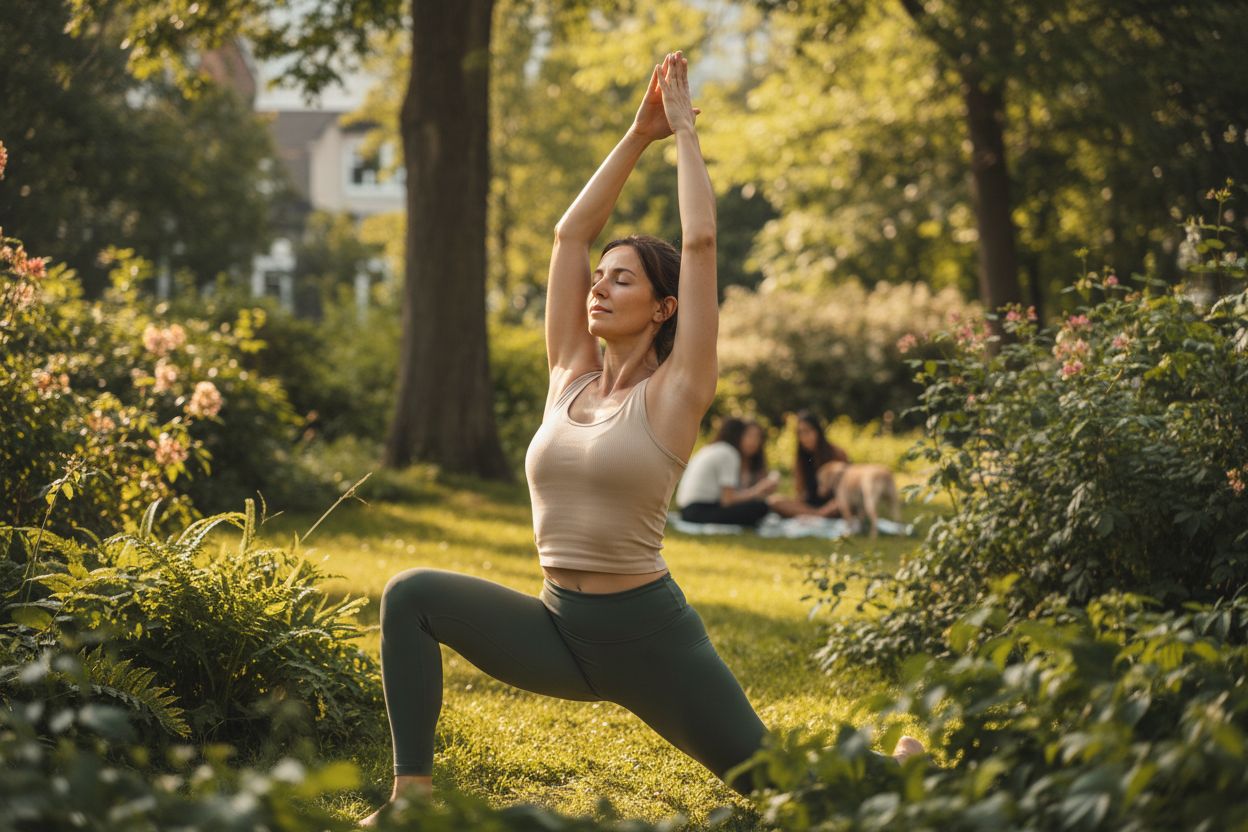 Femme souriante pratiquant la méditation en plein air, symbolisant la reprise de contrôle sur le stress, la gestion du cortisol et la perte de graisse abdominale durable.