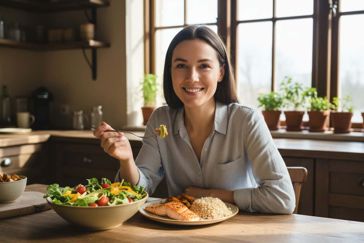 reverse diet après régime, Femme souriante et énergique, symbolisant la relance métabolique et la stabilisation du poids après un régime grâce à la reverse diet.