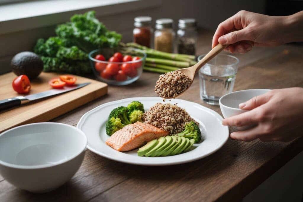 Repas équilibré riche en protéines et légumes avec un ruban à mesurer, illustrant la relance métabolique post-régime via la reverse diet.