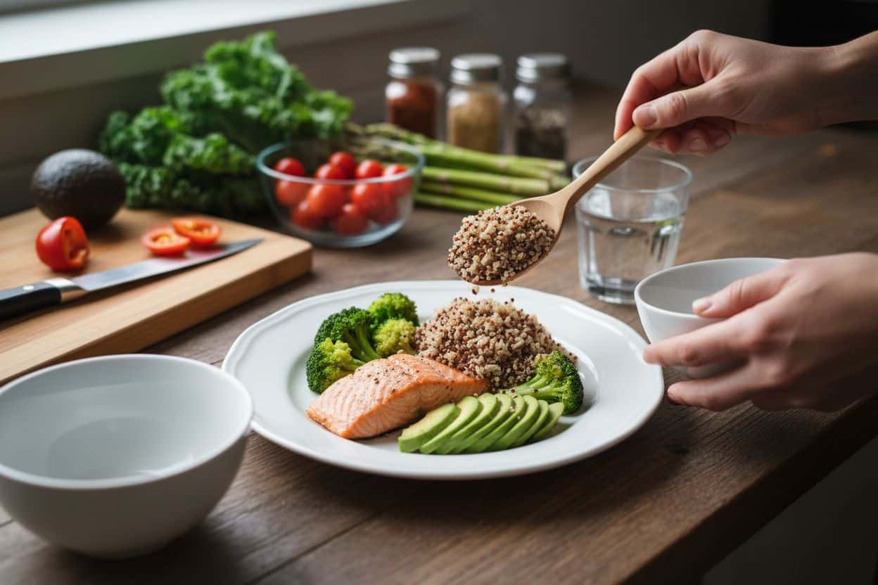 Repas équilibré riche en protéines et légumes avec un ruban à mesurer, illustrant la relance métabolique post-régime via la reverse diet.