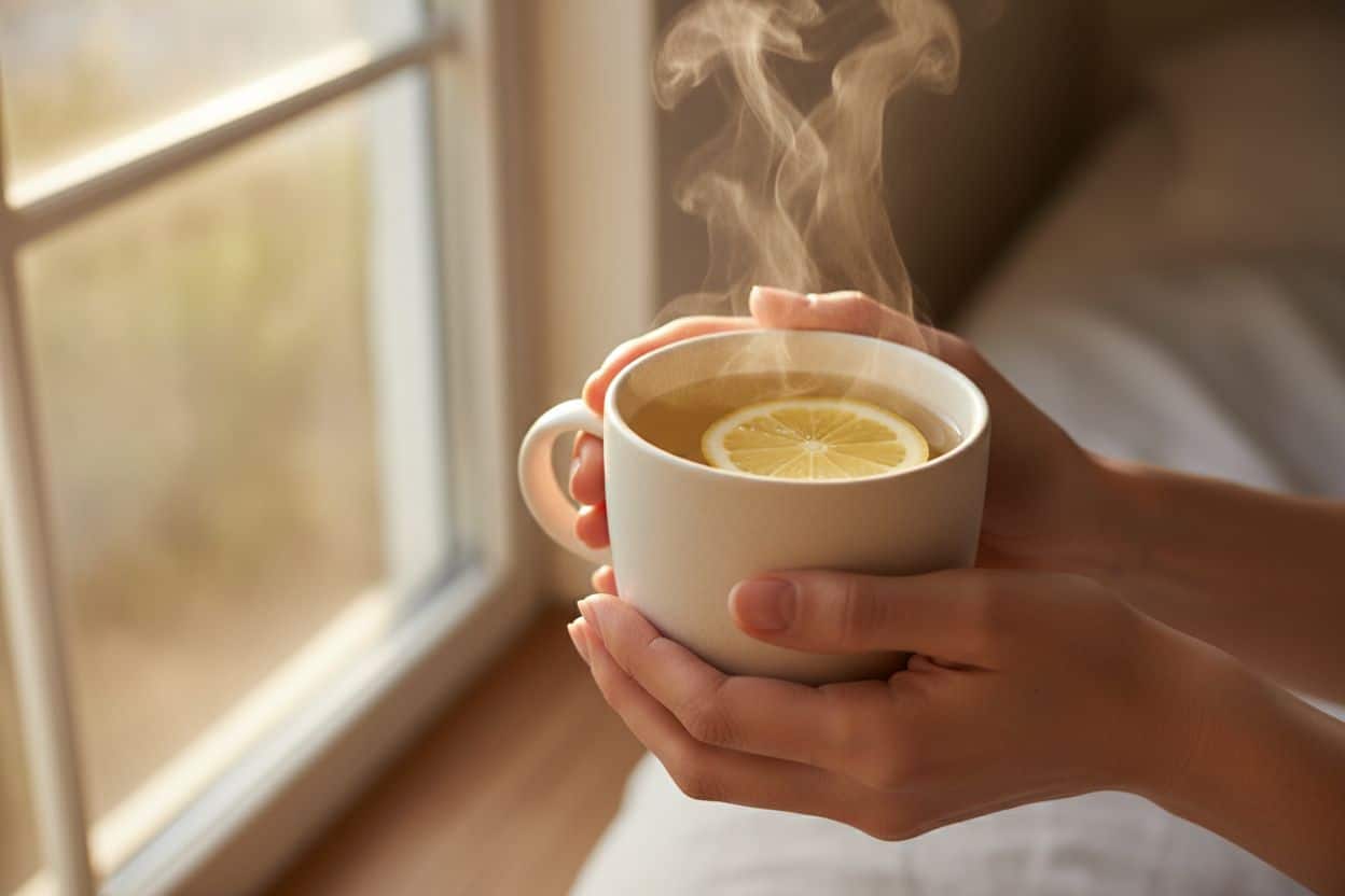 Préparation d'un verre d'eau tiède citronnée pour le rituel détox du matin.
