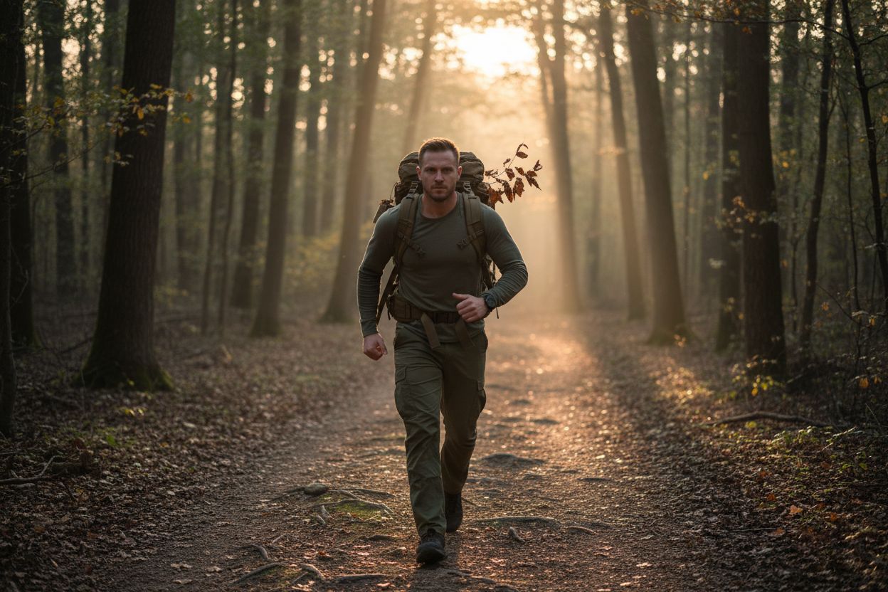 Une personne dynamique pratiquant le rucking en pleine nature, illustrant les bienfaits de la marche lestée pour la silhouette et la santé. Rucking bienfaits silhouette.