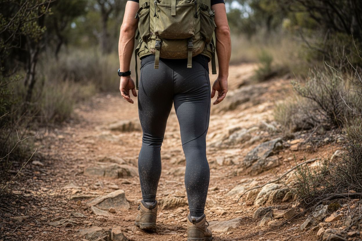 Un homme marchant avec un gilet lesté sur un chemin de terre, mettant en évidence l'engagement musculaire des fessiers, quadriceps, dos et sangle abdominale.