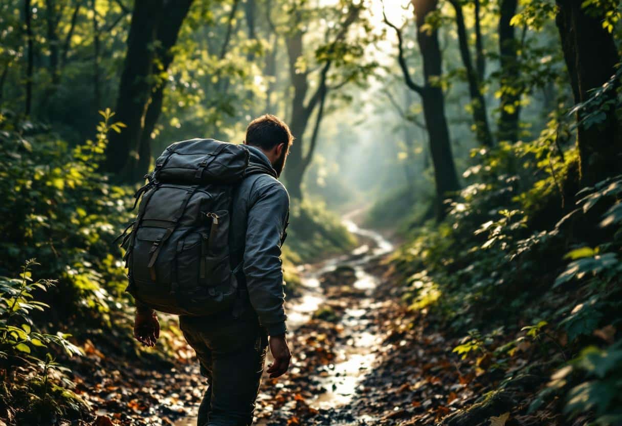 Une personne pratique la rucking marche avec un sac lesté sur un sentier en pleine nature, démontrant l'endurance et le renforcement musculaire.