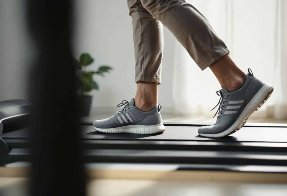 Gros plan sur les pieds d'une personne marchant sur un walking pad, soulignant l'importance de la forme et le faible impact sur les articulations.