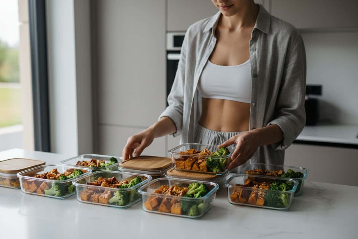 Contenants de meal prep organisés pour respecter un besoin énergétique journalier de 2000 calories.