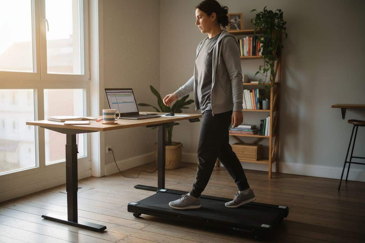 Personne active utilisant un tapis de marche sous bureau pour la perte de poids et l'amélioration de la santé en télétravail.