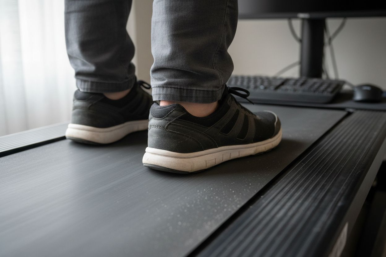 Gros plan sur un tapis de marche WalkingPad sous un bureau, montrant le design compact et la console de commande simple.