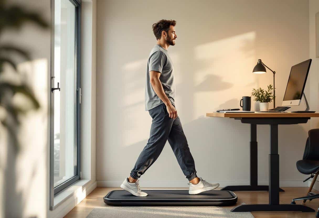 Une femme utilise un walking pad pliable dans un salon moderne, illustrant l'intégration de l'exercice pour la perte de poids à domicile.