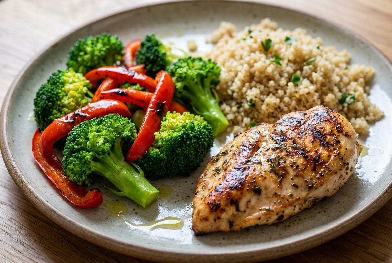 Répartition visuelle des nutriments dans une assiette pour favoriser la satiété sans peser les aliments.