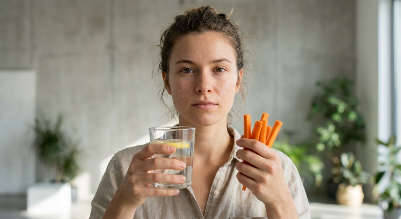 Verre d'eau et infusion pour aider à gérer la satiété durant le régime Scarsdale.