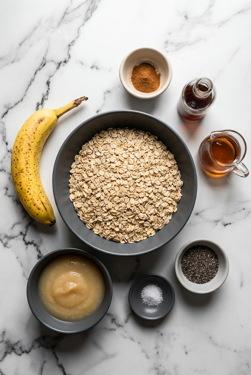 Ingrédients pour recette biscuit flocon d'avoine minceur avec banane mûre, compote de pommes et graines de chia.