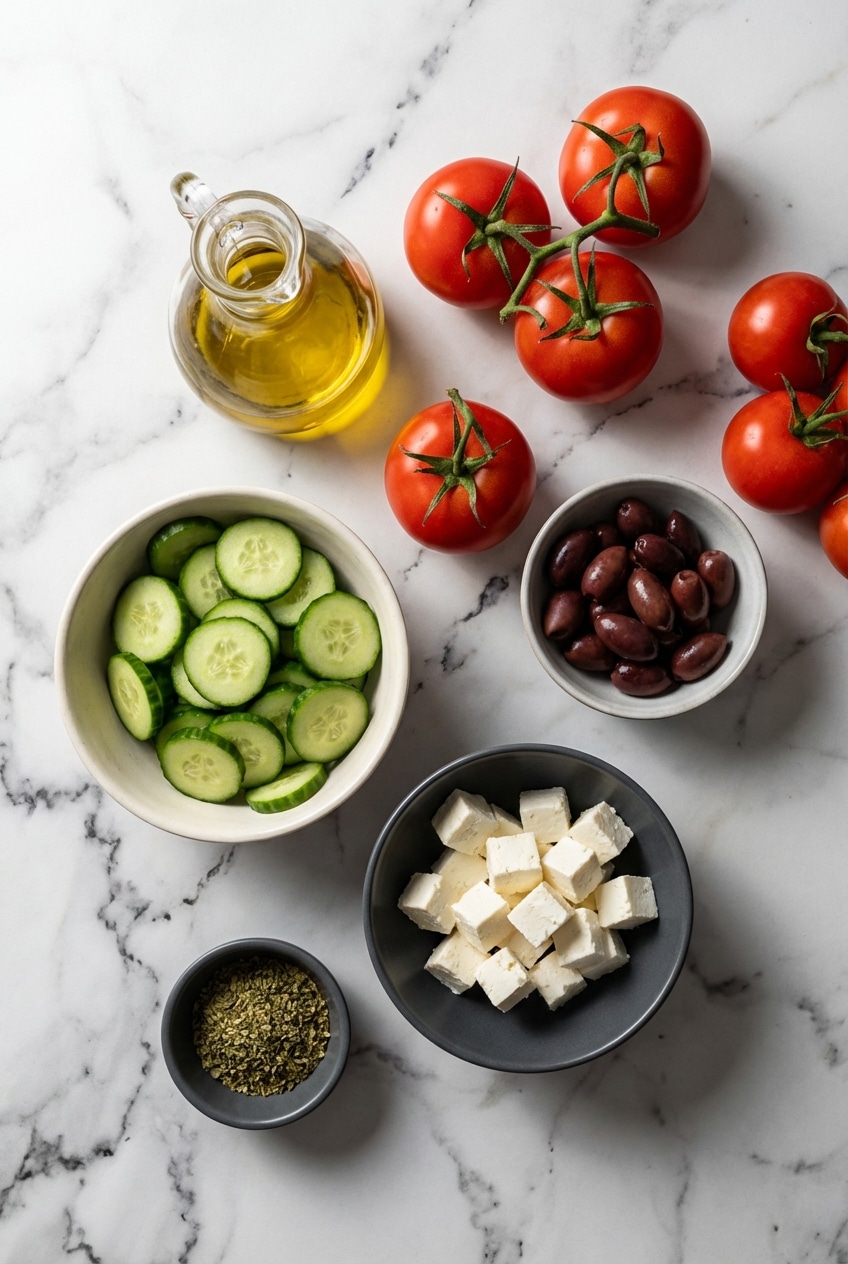 Ingrédients frais pour une recette régime crétois: huile d'olive extra vierge, feta de brebis et céréales complètes.