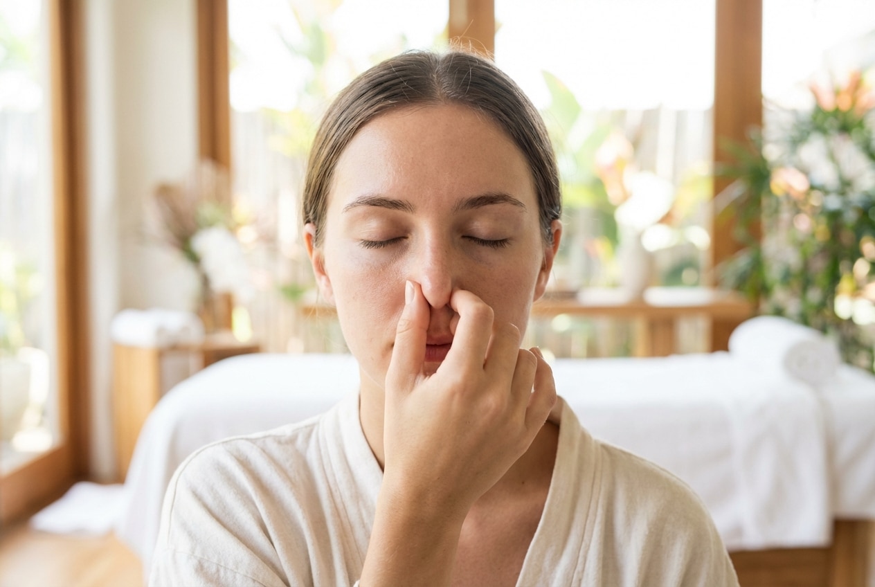 Exercice de respiration Nadi Shodhana illustrant le rôle vital du pranayama pour apaiser le système nerveux.