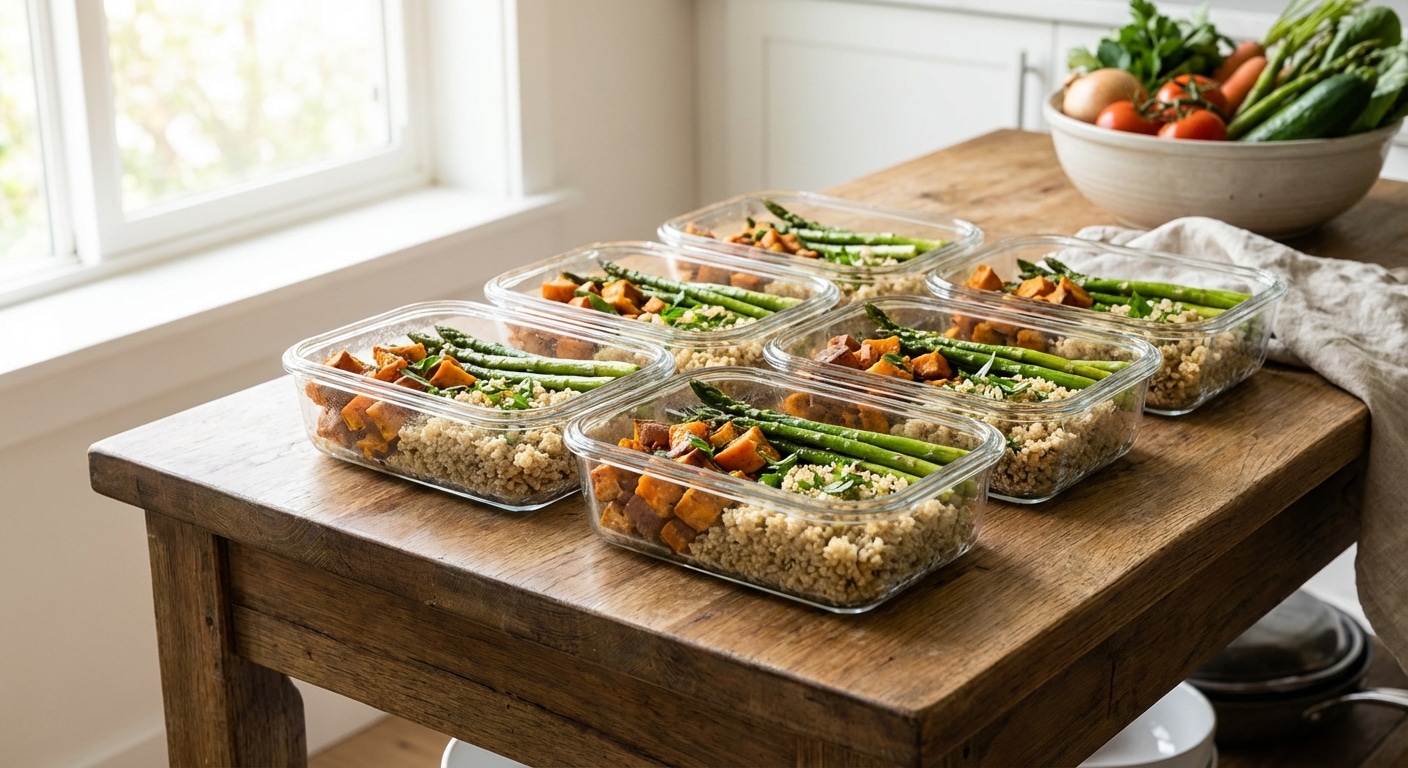 Organisation de repas préparés à l'avance dans des contenants pour faciliter le suivi du régime.