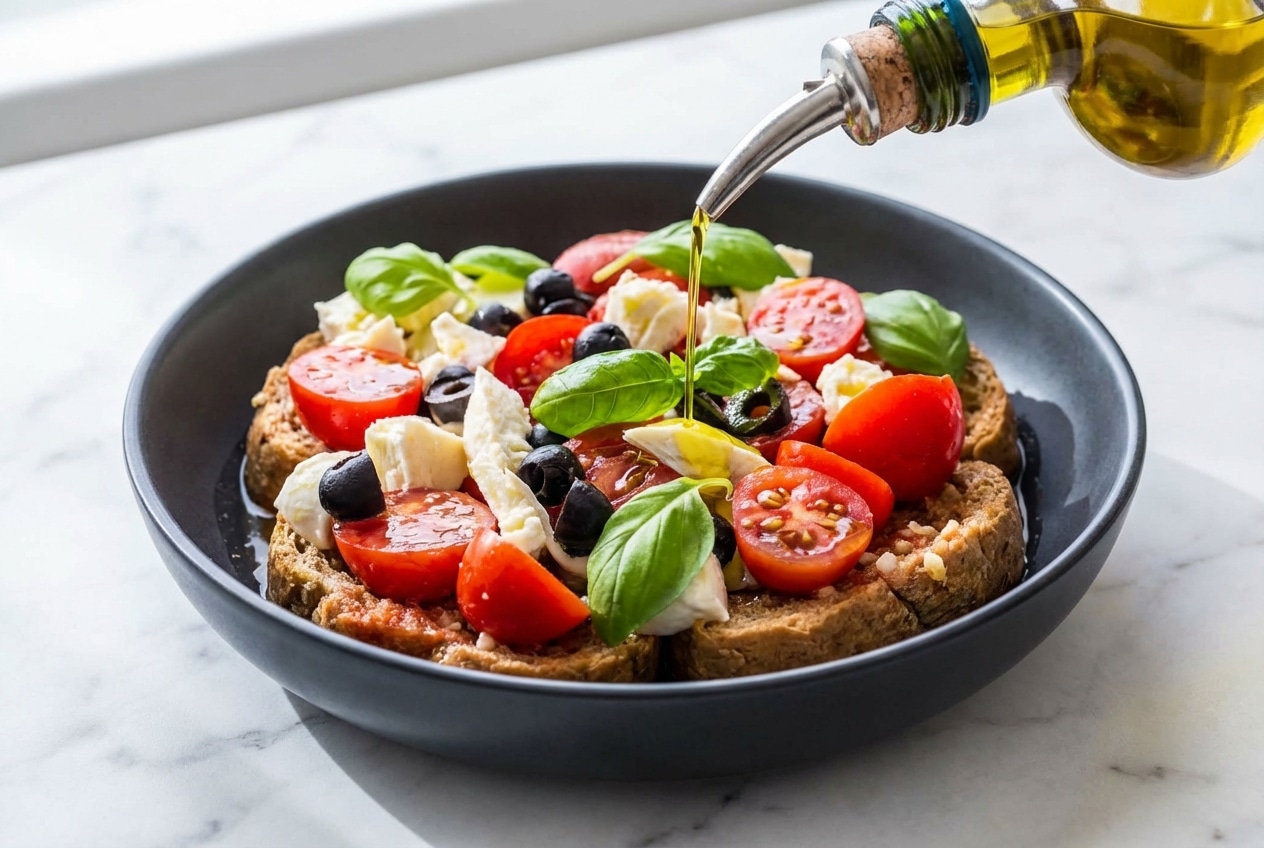 Recette régime crétois avec paximadia à l'ail et tomates juteuses pour un socle savoureux.